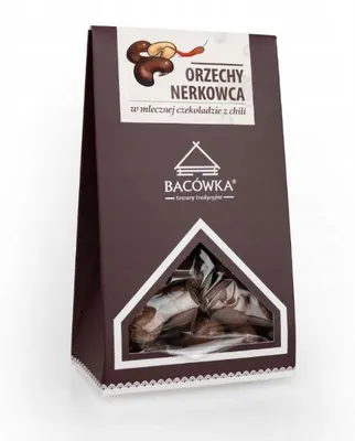 Zdjęcie produktu dla Orzechy nerkowca w mlecznej czekoladzie z chilli 100g Bacówka