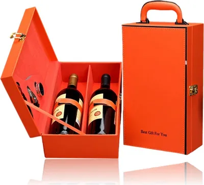 Produktbild von 3-teiliges Sommelier-Set in edler Geschenkbox für 2 Weinflaschen |  Weinbox  aus Kunstleder für 2 x 0,7L Weinflasche | tragbare Weinkiste [orange] für Wein | eleganter Weinkoffer mit Tragegriff