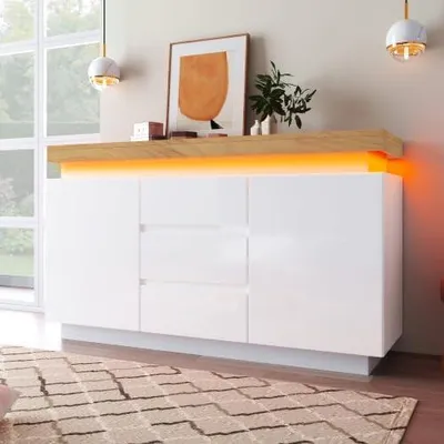 Produktbild von Kommode mit Schubladen, Sideboard Hochglanz Weiß mit LED-Beleuchtung & App-Steuerung – TV Schrank 140 cm breit, 2 Türen & 3 Schubladen, verstellbare Einlegeböden, für Wohnzimmer & Flur