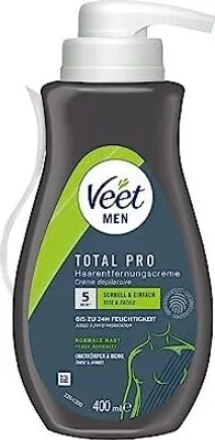 A bottle of Veet for Men Total Pro hair removal cream with a pump dispenser.