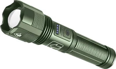 Obrázek produktu pro Jasná LED svítilna - armádní zelená - 5 režimů - dobíjení přes USB-C - dobíjecí baterie součástí balení - záložní baterie AAA - funkce zoomu