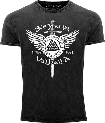 Produktbild von Herren Vintage Shirt See you in Valhalla Schwert Runen Odin Vikings Printshirt T-Shirt Aufdruck Neverless® schwarz S