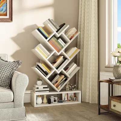 Zdjęcie produktu dla Półka na książki w kształcie drzewa z szufladą, kolor biały, wymiary: 60 x 22 x 103 cm