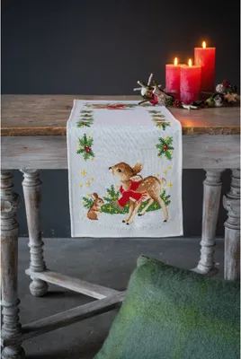 Produktbild von Vervaco Tischläufer Kreuzstich Set "Hirsch mit Kaninchen", Zählmuster, 32x84cm
