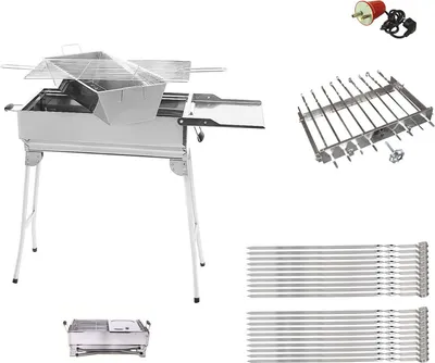 Produktbild von Edelstahl Mangal Holzkohlegrill mit Kohlebehälter + Spießdreher 9er + Motor + 20 Spiesse (230V-Motor)