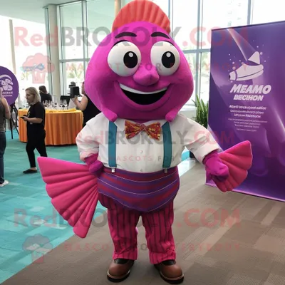 Productafbeelding van Magenta Fish Tacos mascotte REDBROKOLY kostuum karakter gekleed met een overhemd met knopen en strikjes