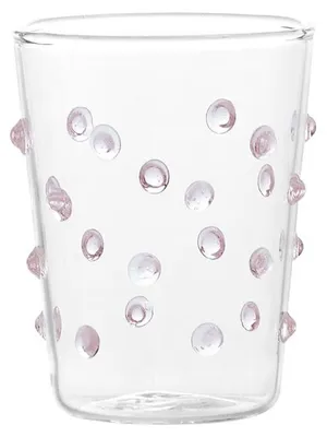 Productafbeelding van Zafferano set van 6 kleine feestglazen, gemaakt van roze borosilicaatglas, ideaal voor likeuren, sauzen en om te serveren, met een vrolijk stippenmotief