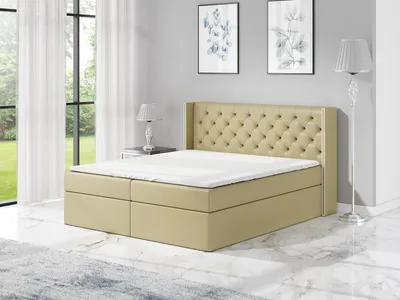 Produktbild von Boxspringbett BARO 180x200 mit 2 Bettkästen, Bonell-Matratze und Topper. Dekorative Stifte an den Seiten der Kopfstütze. Bett Komplett-Set mit Matratze,Bettkasten & Kopfteil. Stoff Eko Cayenne. Elegantes Bett mit massives Kopfteil.