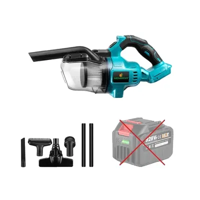 A teal and black cordless handheld vacuum cleaner with accessories and a battery pack shown separately.