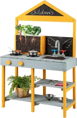 Produktbild von Matschküche Kinder Outdoor Kinderküche Tannenholz mit Pflanzbehälter & 2 Kreidetafeln & Wasserhahn Blau