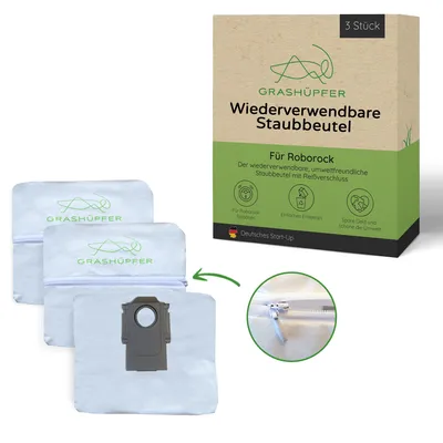 A product shot of reusable dust bags for a Roborock vacuum cleaner, along with its packaging.