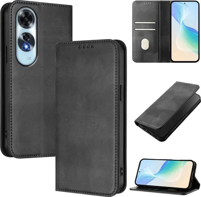 Obrázek produktu pro Pouzdro pro Oppo A60, vintage kožené pouzdro s RFID ochranou, přihrádkami na karty, stojánkem Černý