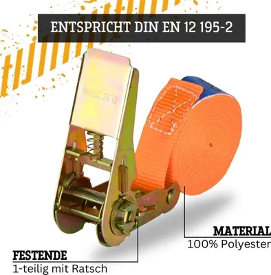 Produktbild von Safetytex Spanngurt, einteilig, 25 mm x 4 m, 500 kg Zurrkraft, 4er Set, Polyester, Orange, DIN EN 12 195-2