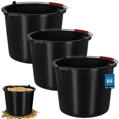 Image de KOTARBAU® Lot de 3 seaux de chantier 16 L Seau à mortier Seau en plastique Seau à plâtre avec bec verseur et poignée Noir Seau à outils Seau de chantier rond