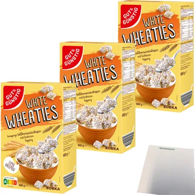 Produktbild von Gut & Günstig White Wheaties Vollkornweizenkissen mit Zuckertopping 3er Pack (3x600g Packung) + usy Block