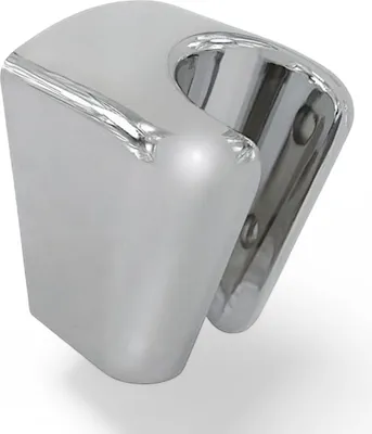 A chrome-plated shower head holder on a white background.