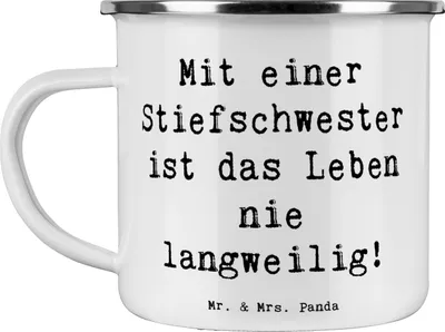 Produktbild von Mr. & Mrs. Panda Emaille Becher Spruch Stiefschwester Abenteuer - Weiß - Geschenk, Dankeschön, Tasse, Haferl, Lebensfreude, Geschwisterbindung, Familienbande, Handarbeit