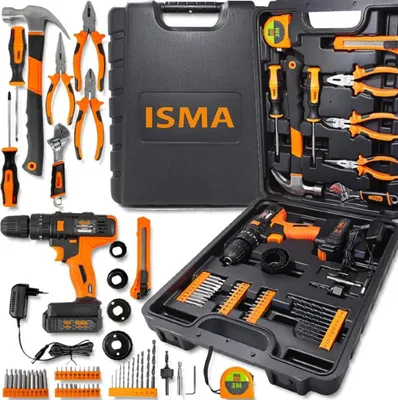 Image de Kit d'outils ISMA comprenant une visseuse sans fil, 57 pièces + mallette