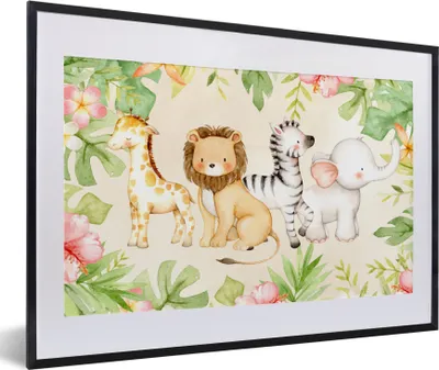 Produktbild von MuchoWow® MuchoWow® Gerahmtes Poster Dschungel - Tiere - Blumen - Pflanzen 60x40 cm - Poster mit zchwarzem Bilderrahmen - Schlafzimmer - Plakat in Rahmen - Drucken