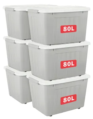 Aufbewahrungsbox 80 L, 6er Set, grau, stapelbar, mit Deckel