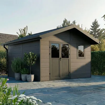 Produktbild von WPC Gartenhaus ISORA – 15 m² Grau – Dielenstärke: 28 mm – Werkstattkabine/FahrradGerätehaus – Aluminium-Tischlerei