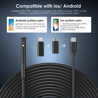 Image de Caméra endoscope 1920*1440 avec 6+1 LED, caméra d'inspection étanche IP67, 2 caméras, connecteur TYPE-C vers Micro, TYPE-C vers iOS, câble serpent de 300 cm (118 pouces)