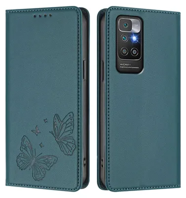 Image de Étui en cuir pour Xiaomi Redmi 10 4G, motif papillon, étui à rabat avec porte-appareil, vert