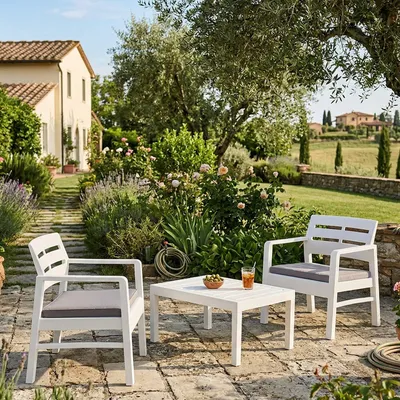 Produktbild von Outdoor-Lounge-Set Dalfier, Gartengarnitur mit 2 Sesseln und 1 Couchtisch, Innen- und Außensitzgruppe mit Kissen, 100 %  Italy, Weiß