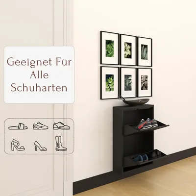 Produktbild von Furni24 Metall Schuhschrank Schwarz schmal – Schuhkipper mit 2 Klappen (für 4-6 Paar Schuhe), Schuhregal für Flur & Diele, platzsparend, vormontiert