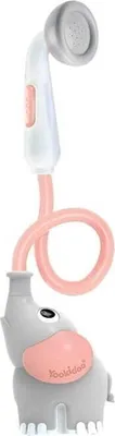 A baby bath toy shaped like a gray elephant with a pink trunk and ears, holding a white and pink shower head.