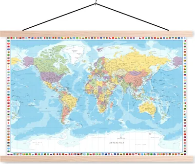 Produktbild von MuchoWow® Textilposter Weltkarte - Flagge - Politik 120x80 cm mit holzfarbenen Rahmen - Aufhängeset