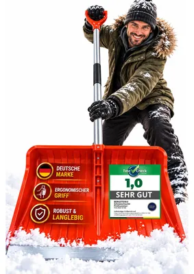 Produktbild von BERGSTEIN® Schneeschieber groß [50 cm] Profi Schneeschaufel mit Aluminiumkante, 137 cm Alu-Stiel mit D-Griff, verstärktes Blatt, Klick-System ohne Werkzeug,  Europe