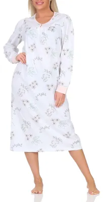 Obrázek produktu pro Normann dámská noční košile s dlouhými rukávy v klasickém ženském designu s knoflíkovou légou u krku ; růžová , 48 cm