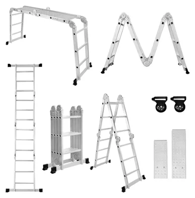 Produktbild von Mehrzweckleiter aus Aluminiumlegierung, 7 in 1 Multifunktionsleiter, bis zu 150 kg, 16 Stufen mit 2 Gerüstplatten, Silber