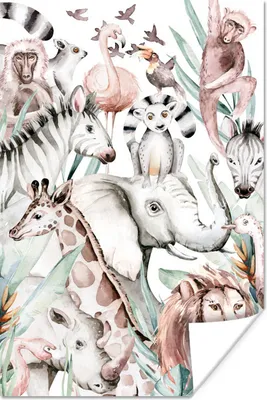 Produktbild von MuchoWow® Poster Aquarelle - Tiere - Dschungel - Pastell - Jungen - Mädchen - Kinder - Kinder 60x90 cm - Wanddekoration