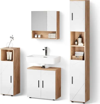 Produktbild von Badmöbel-Set Livinity Ronco Weiß Hochglanz/Goldkraft Eiche 4 Teile, mit Hochschrank, Model 52833
