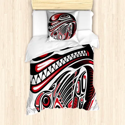 Produktbild von ABAKUHAUS Stammes Mantele, Haida-Tierkunst, Milbensicher Allergiker geeignet mit Kissenbezügen, 135 cm x 200 cm - 80 x 80 cm, Weiß Rot Schwarz