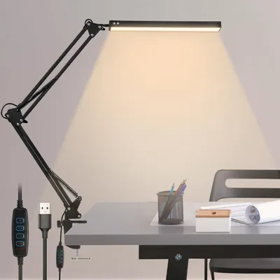 Obrázek produktu pro Ikodm LED stolní lampa, 10W, s klipsnou, 80 LED diod, 3 teploty barev, 10 úrovní jasu, nastavitelný kloubový rameno, USB, kov, černá barva