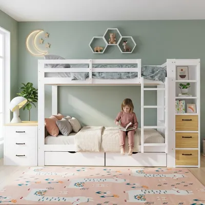 Immagine prodotto di Letto a castello 90 x 200 cm, Colore bianco e naturale, Legno massello e MDF, Pratico spazio contenitore, Struttura stabile, Immagine generata dall'IA