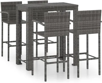 Produktbild von 5-teiliges Gartenbar-Set mit Armlehnen, Barhocker aus PE-Rattan und Stahl, grauer Bartisch mit pulverbeschichtetem Gestell, stabil und robust, bis 110 kg je Sitzplatz