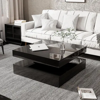Produktbild von Radelldar Modern Wohnzimmertisch Hochglanz mit Beleuchtung&Fernsteuerung, USB,  78 x 78 x 40cm, Schwarz
