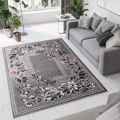 A living room scene with a rug in the foreground and a sofa in the background.