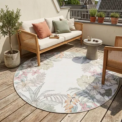Produktbild von Volero - Rund Outdoor Teppich - Poppy Creme - Ø 80 cm - Balkon, Garten, Terrasse, Wintergarten - Boho