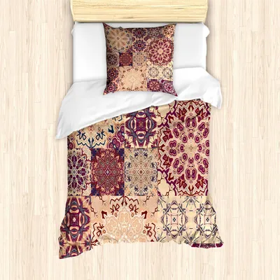 Produktbild von ABAKUHAUS Jahrgang Bettbezug Set, Antiker traditioneller Keramikfliesen-dekorativer marokkanischer Arabesken-Bild-Druck, 135 x 200 cm + 80 x 80 cm, Getrocknete Rose Elfenbein