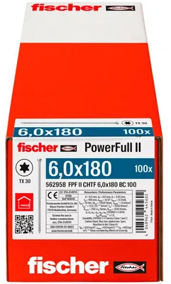 Produktbild von fischer Vollgewindeschraube PowerFull II CHTF 6,0 x 180 BC 100 Zylinderkopf mit Innenstern TX Vollgewinde galvanisch verzinkt, blau passiviert, 100 Stück