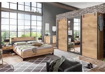 Produktbild von Schlafzimmer-Set mit Bett 180x200 cm & Schwebetürenschrank in Eiche mit graphit, 6-teilig - MONTELLA-43