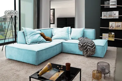 Produktbild von KAWOLA Sofa SAMU Ecksofa Stoff hellblau Recamiere links