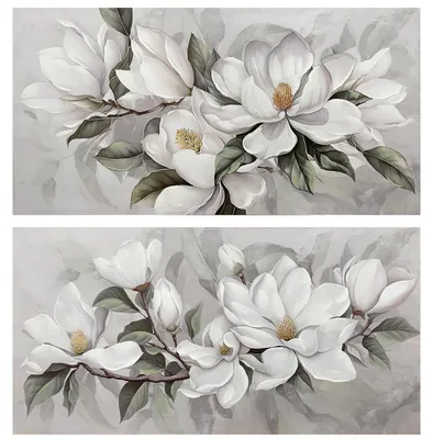 2er-Set Leinwandbilder Blumen, handbemalt, Weiß/Grün, 120x3x60 cm