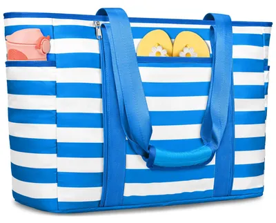 Image de Sac de plage de 45 litres, taille XXL, blanc et bleu, avec fermeture éclair, idéal pour la plage
