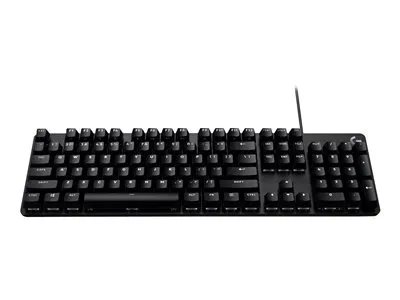 A black mechanical gaming keyboard is shown from a front-facing, slightly elevated angle against a white background.